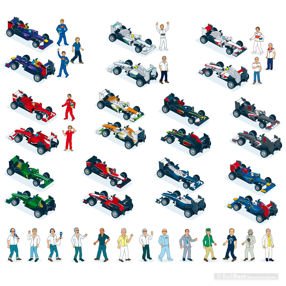 Formula 1 Illustration, F1 Cars Teams illustrated - Red Bull Racing, Mercedes, McLaren, Ferrari, Force India, Lotus Renault, Sauber, Williams, Toro Rosso, 