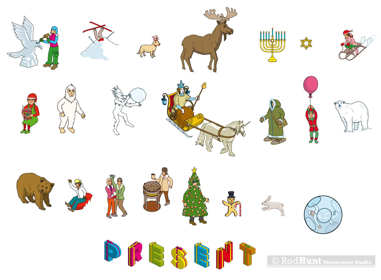 Hidden Objects in this Winter Wonderland Christmas Search & Find Illustration - a Where's Waldo / Wally? style illustration by Rod Hunt