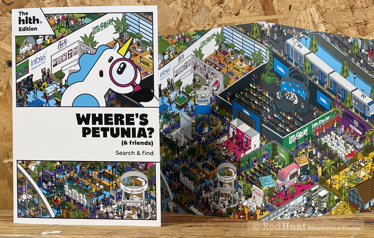 Illustrated Search and Find concertina book for HLTH Europe in a Where's Waldo / Wally style by illustrator Rod Hunt