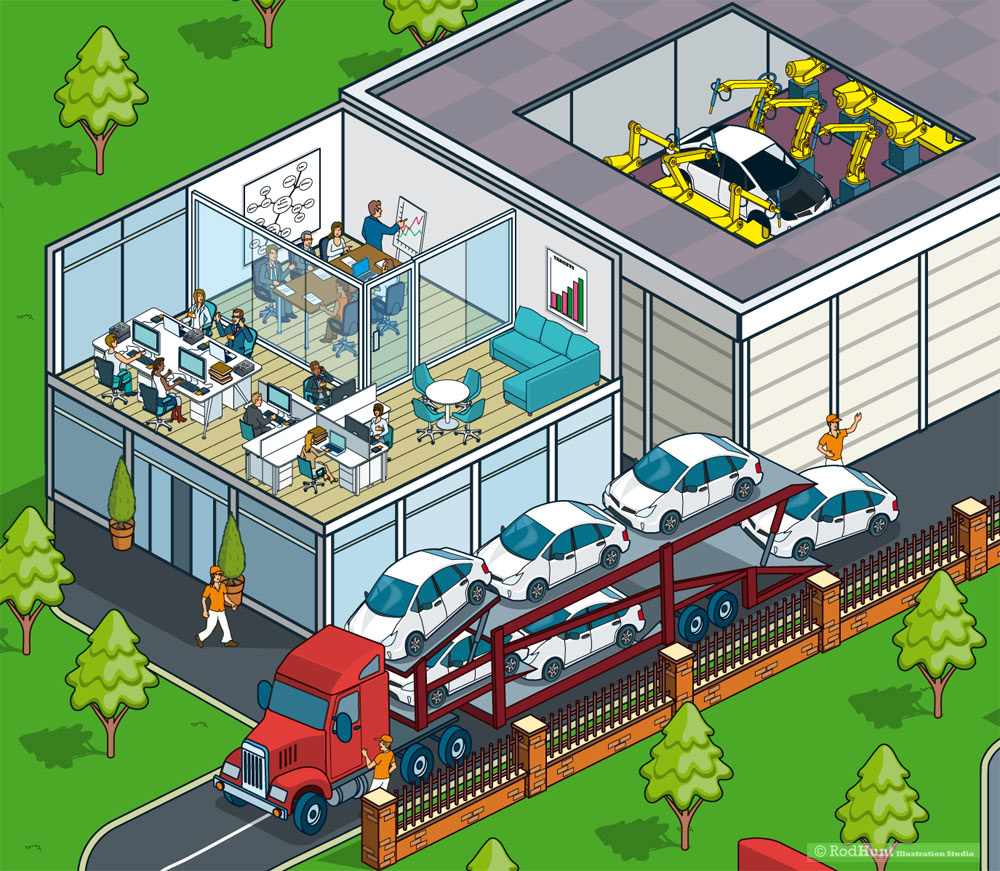 Freight and Transportation Modes Cutaway illustrations of a car factory and manufacture process