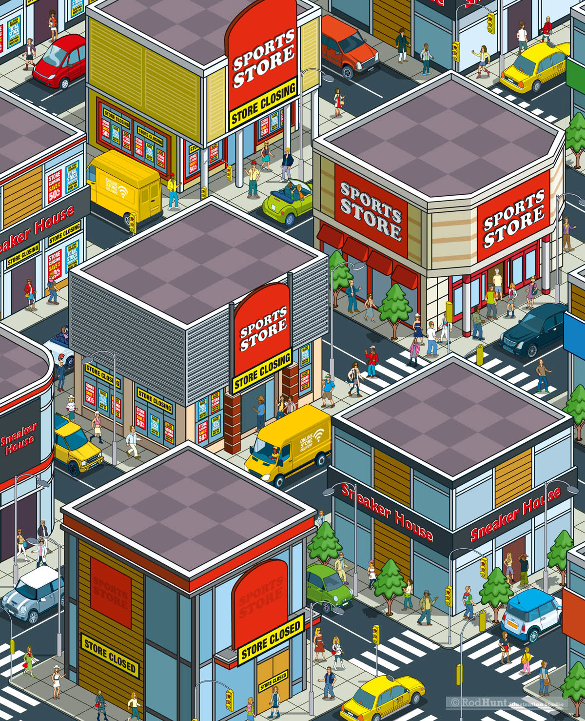 Isomeric business illustrations and cityscapes on the retail industry