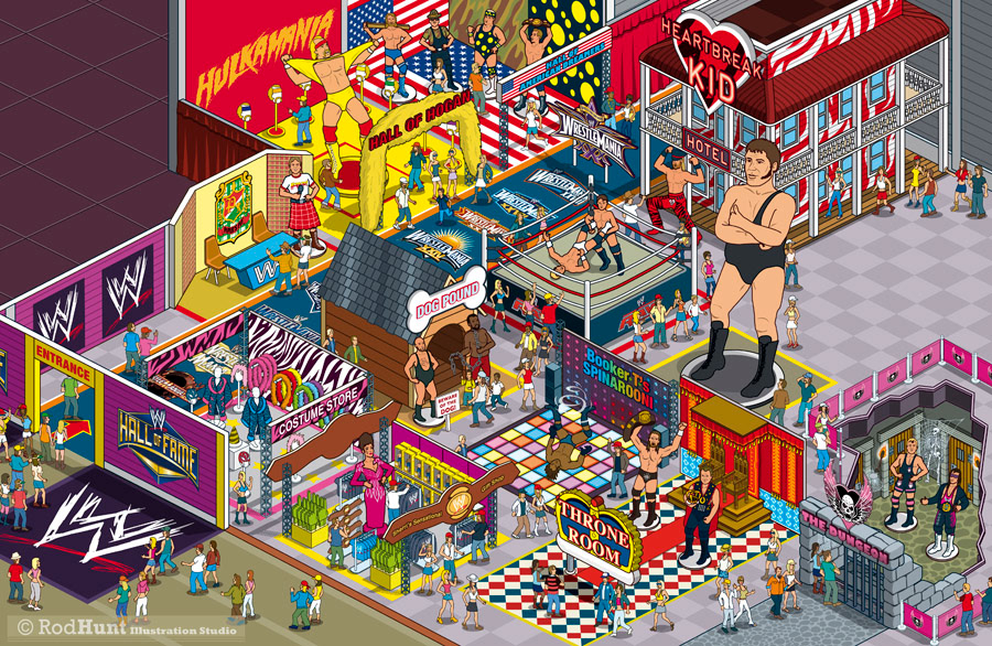 Where's Waldo / Wally style search and find Wresting Illustration visualising the WWE Hall Of Fame in detailed isometric art - Cutaway museum plan Pixel Art Illustrations of  the wrestling stars of WWE including The Hall of Hogan, The Heartbreak Kid Hotel, Life Size Andre the Giant, Booker T’s Spinarooni, Jerry Lawler’s and Triple H’s Throne Room, Junkyard Dog & Mad Dog Vachon's Dog Pound, The Hart Family Dungeon and much more.