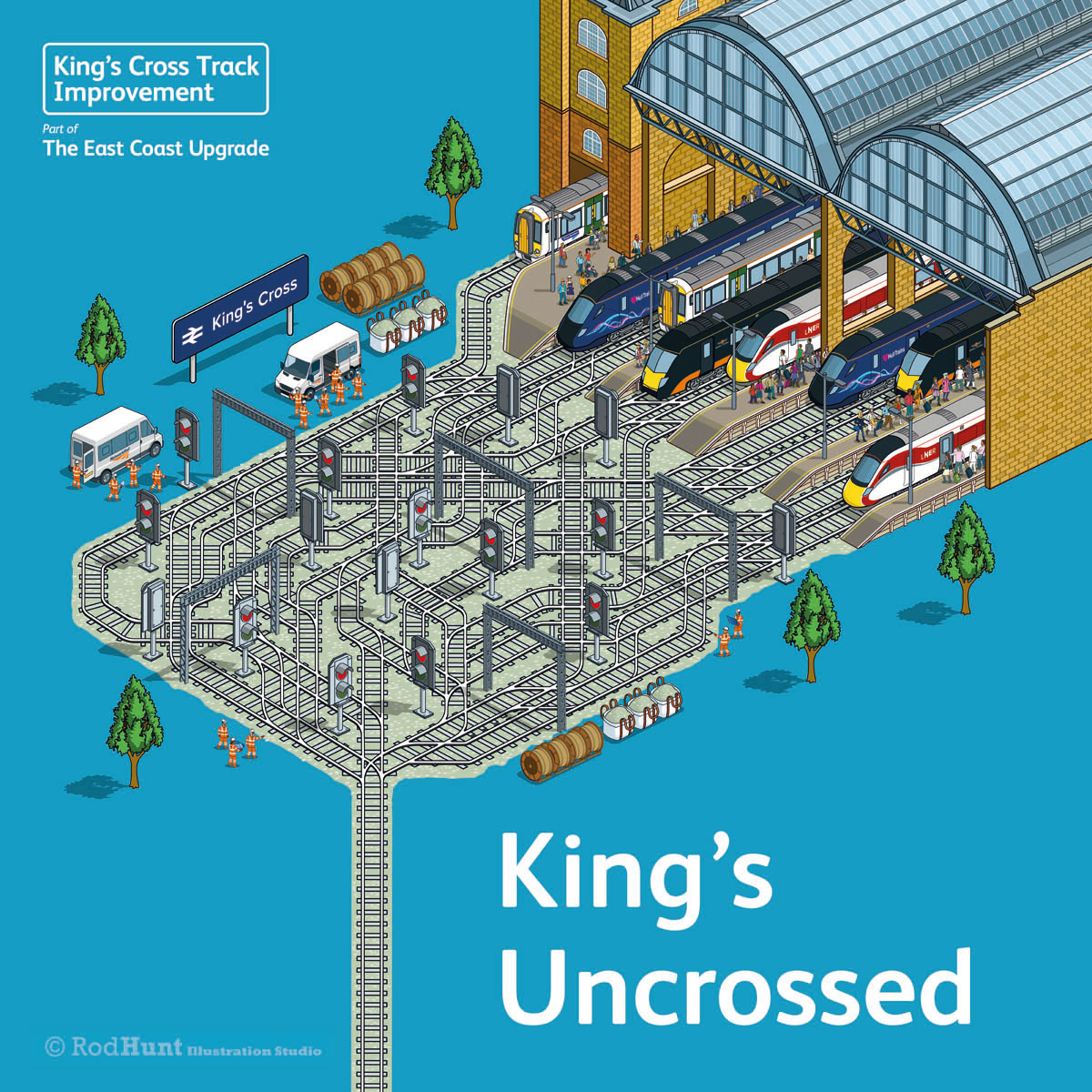 Isometric illustration of Kings Cross Station London for railway transport Network Rail King's Uncrossed illustrated advertising campaign by Rod Hunt