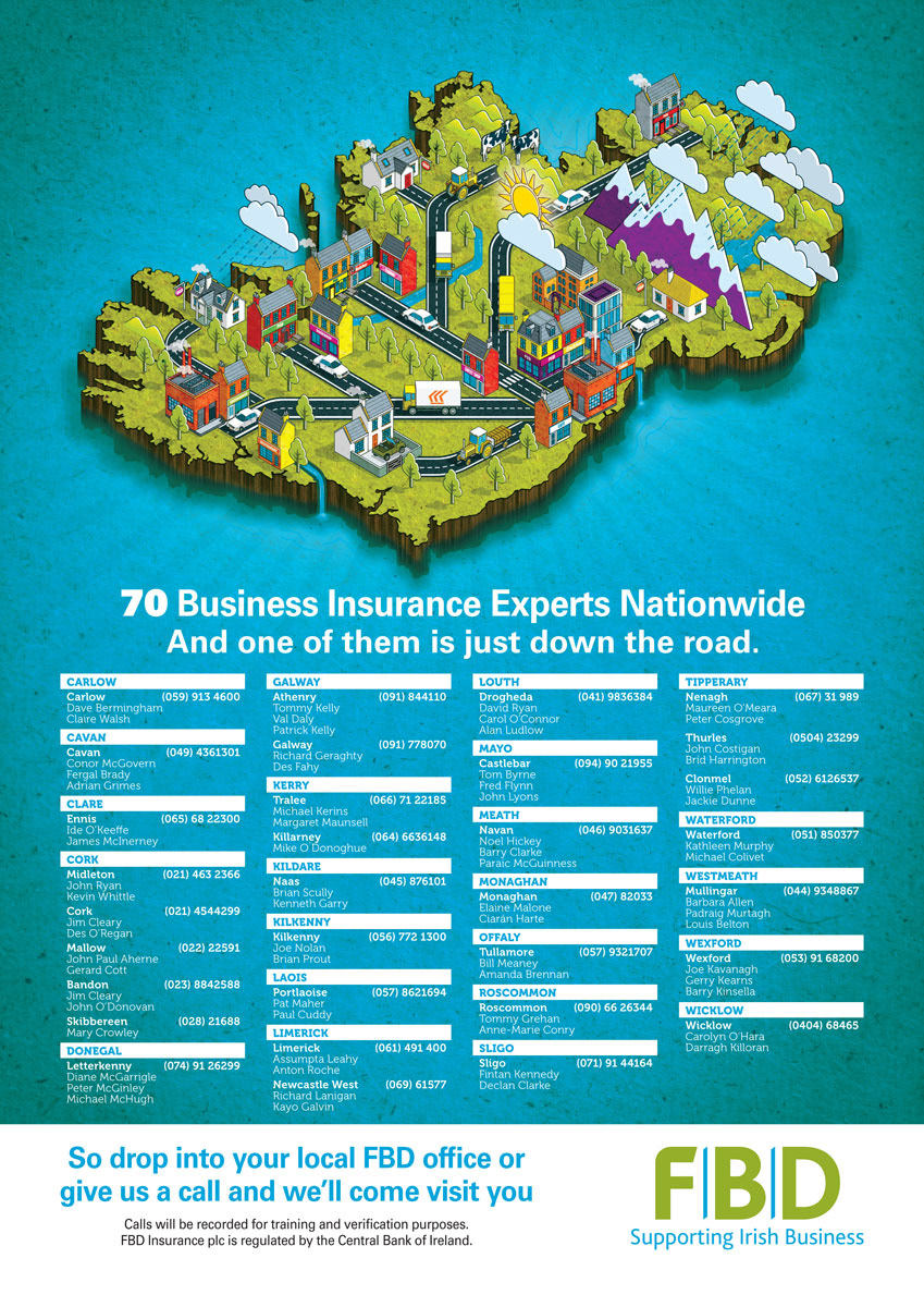 3D isometric country map of Ireland, illustrated by Rod Hunt