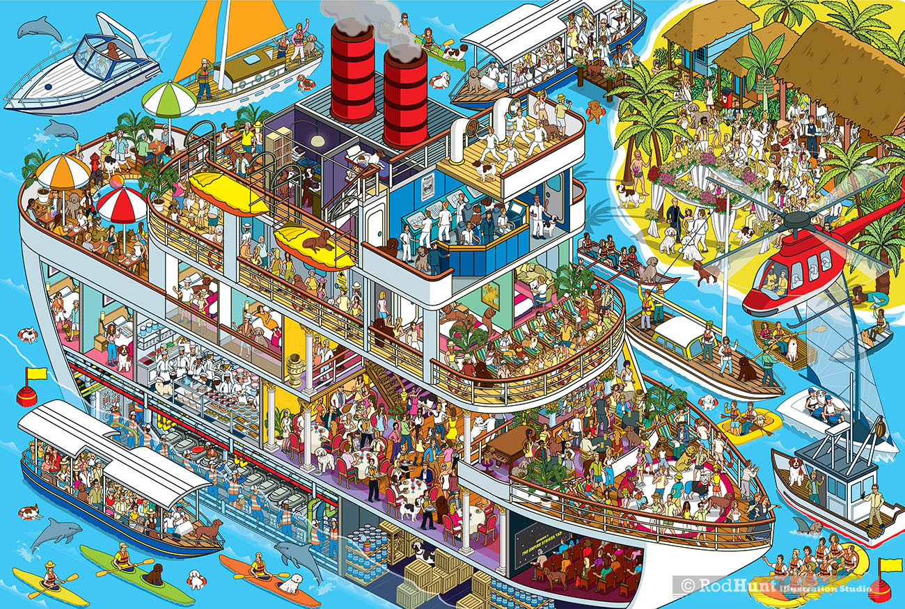 Yappy.com Where's Your Dog? Personalised search and find book - Cutaway Cruise ship illustration