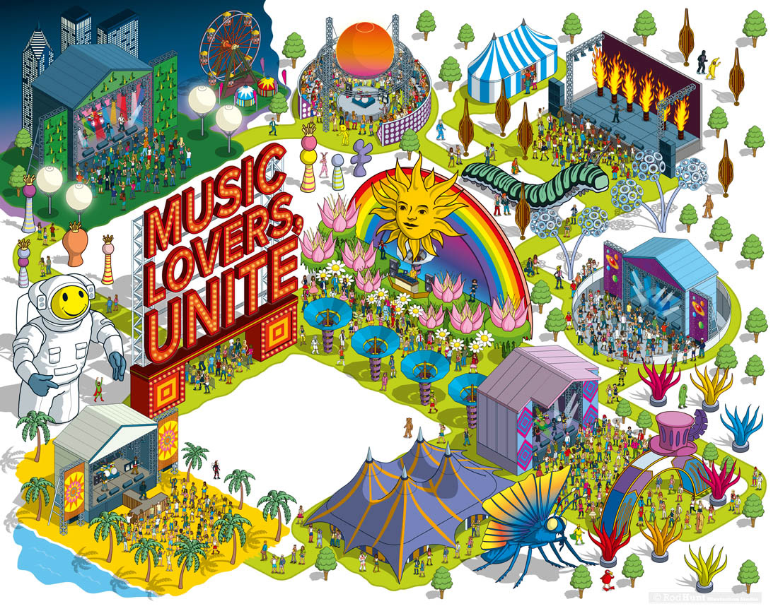 Rod Hunt / Illustration Portfolios - Detailed Isometric Illustrations and  Map Illustration - Music Lovers Unite - Music Festival Illustration