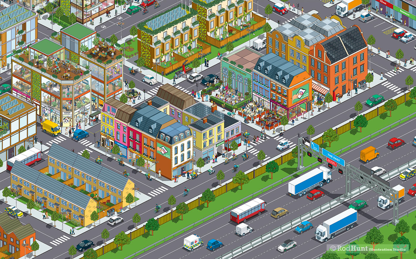 Expansive detailed cityscape illustration in infinite zoom animation