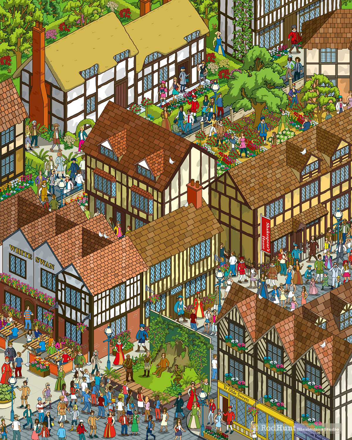 Stratford Upon Avon illustration - Wimmelpicture,  wimmelbilderbuch, wimmelbook, wimmelbild