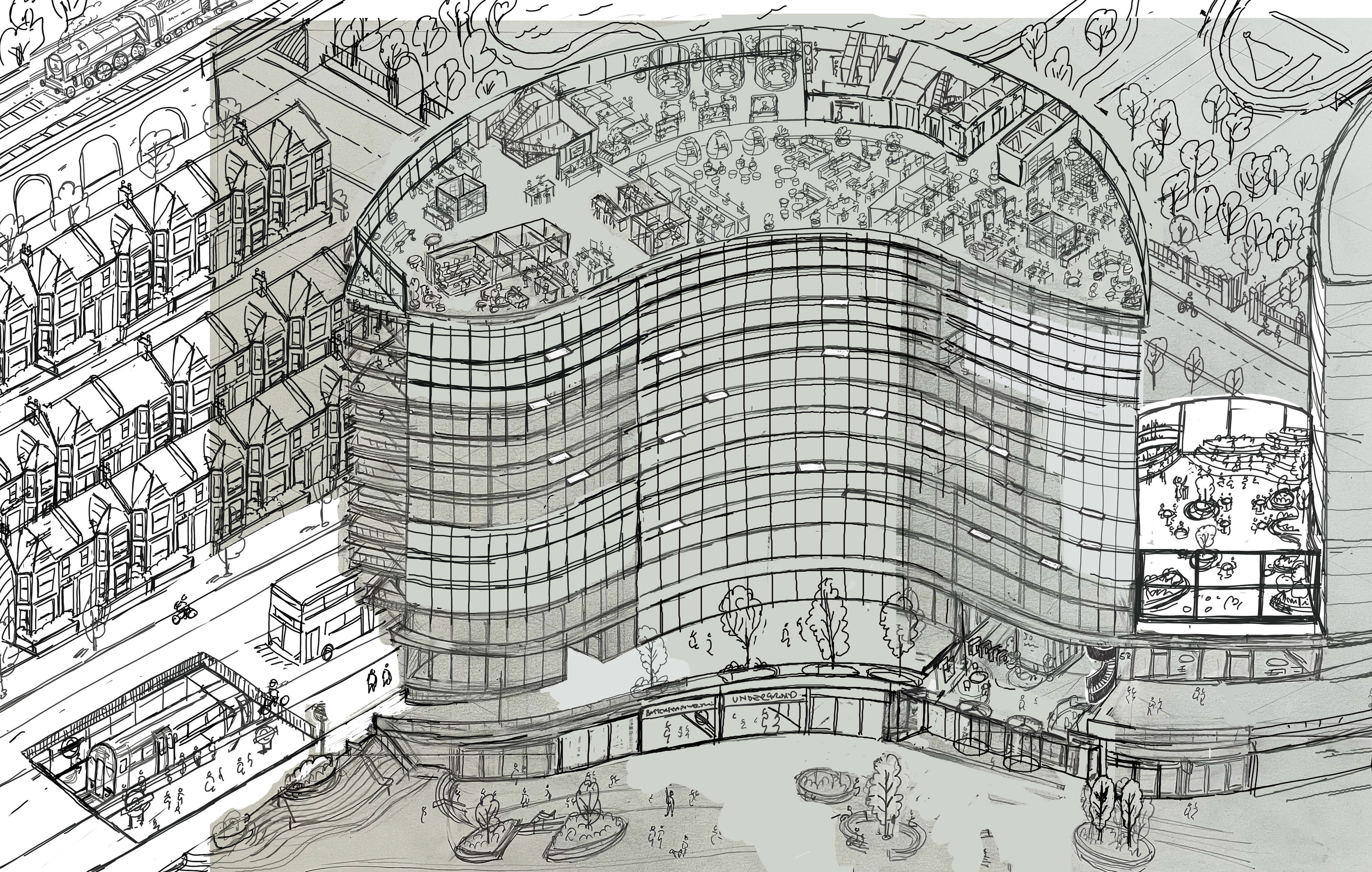 50 Electric Boulevard Battersea cutaway building pencil rough drawing
