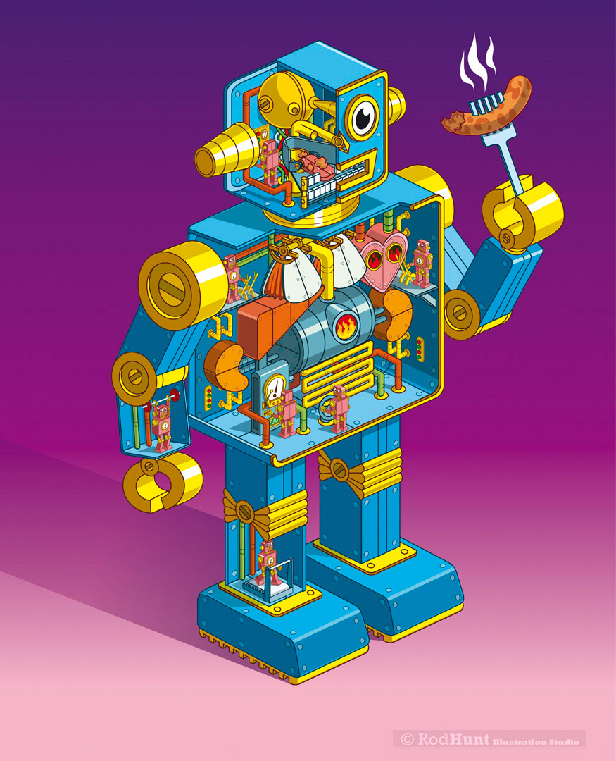 Cutaway cross section Illustration using a robotic depiction of the human body and it's metabolism.