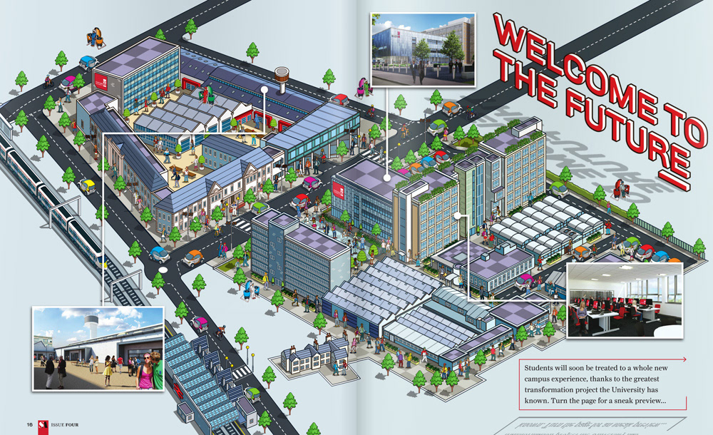 Bird-eye-view University Campus Isometric 3D Map Illustration in Print by Rod Hunt