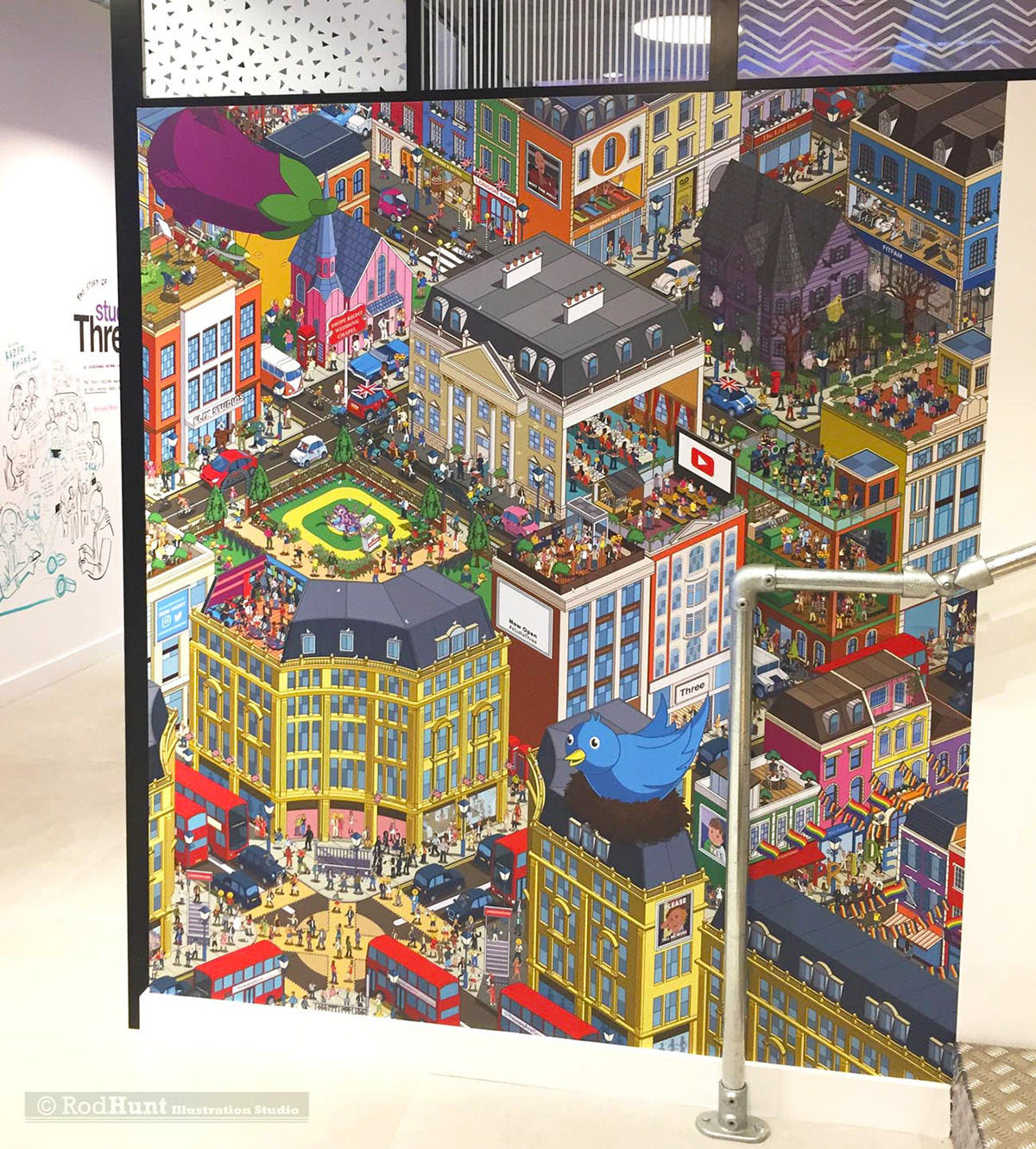 Three #PhonesAreGood In-Store Mural Illustration for the mobile phone brand - isometric illustrator large format murals retail store