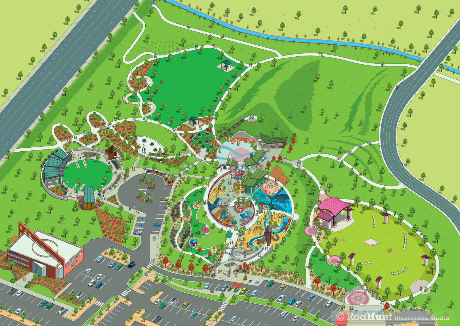 Birds eye view Visitors guide city Park & Gardens, simple and clear 3D Map Illustration for The City of Centennial in Colorado, USA