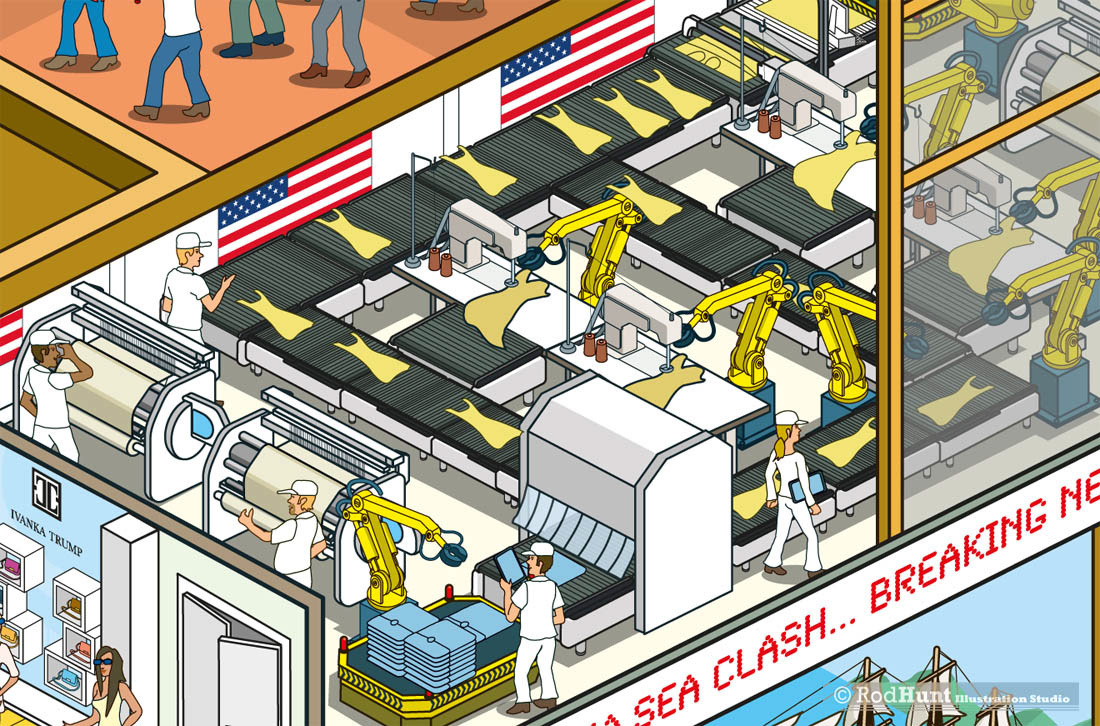 Editorial Illustrations of Fashion Manufacturing and jobs in the United States 