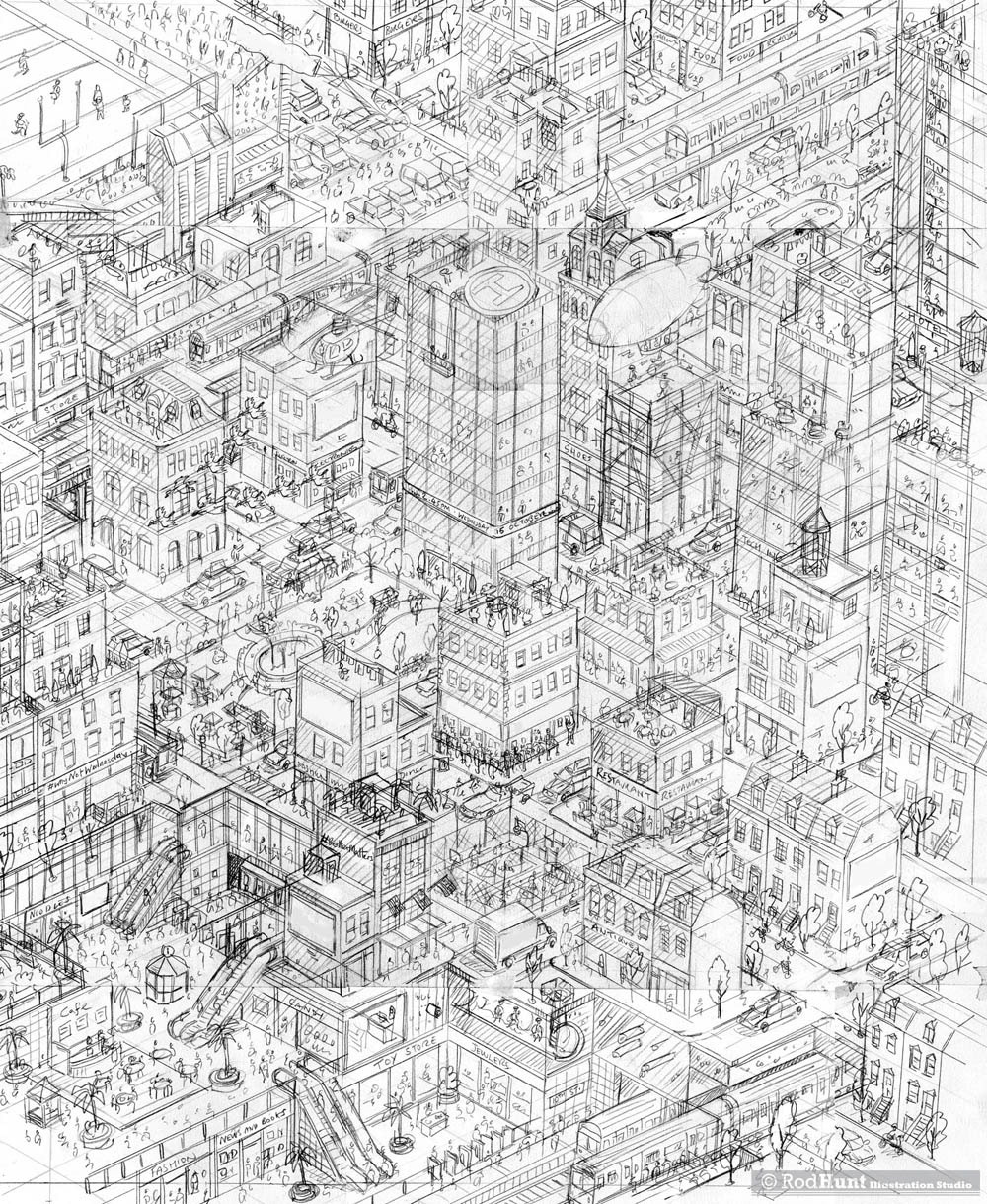 Huge isometric pencil drawing created to plan out the illustration 