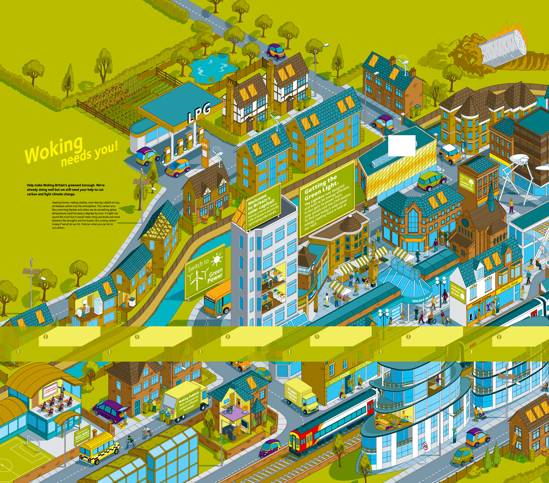 3D Isometric city map illustration, a cityscape of the UK city of Woking