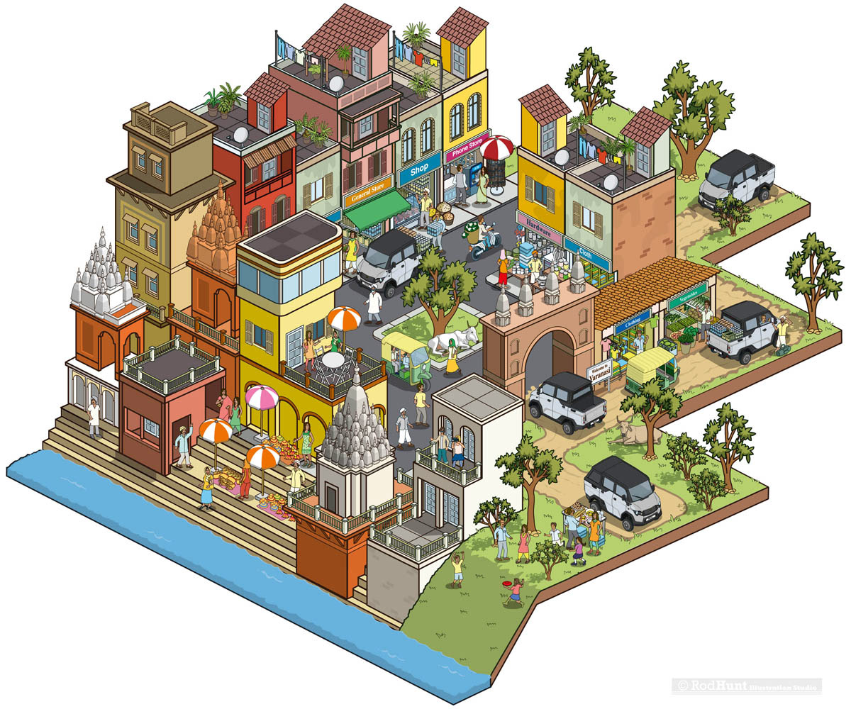 Illustrated isometric city in India 