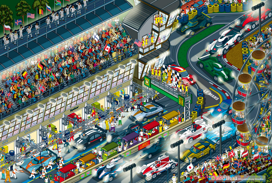 Le Mans 24hr Race Track Illustration - Where's Wally / Waldo style Motorsport illustrations 
