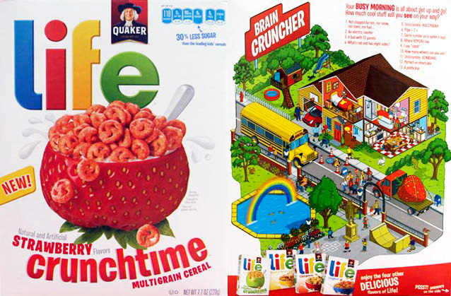Quaker Life cereal packaging illustrations 