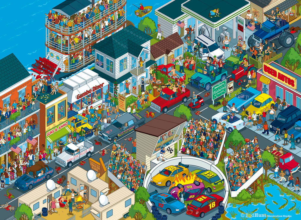 Deep South Adventure illustration, based on the special episode of Top Gear. Rod Hunt illustrated this detailed isometric illustration for the best selling TV tie-in Where's Wally/Waldo style search and find book
