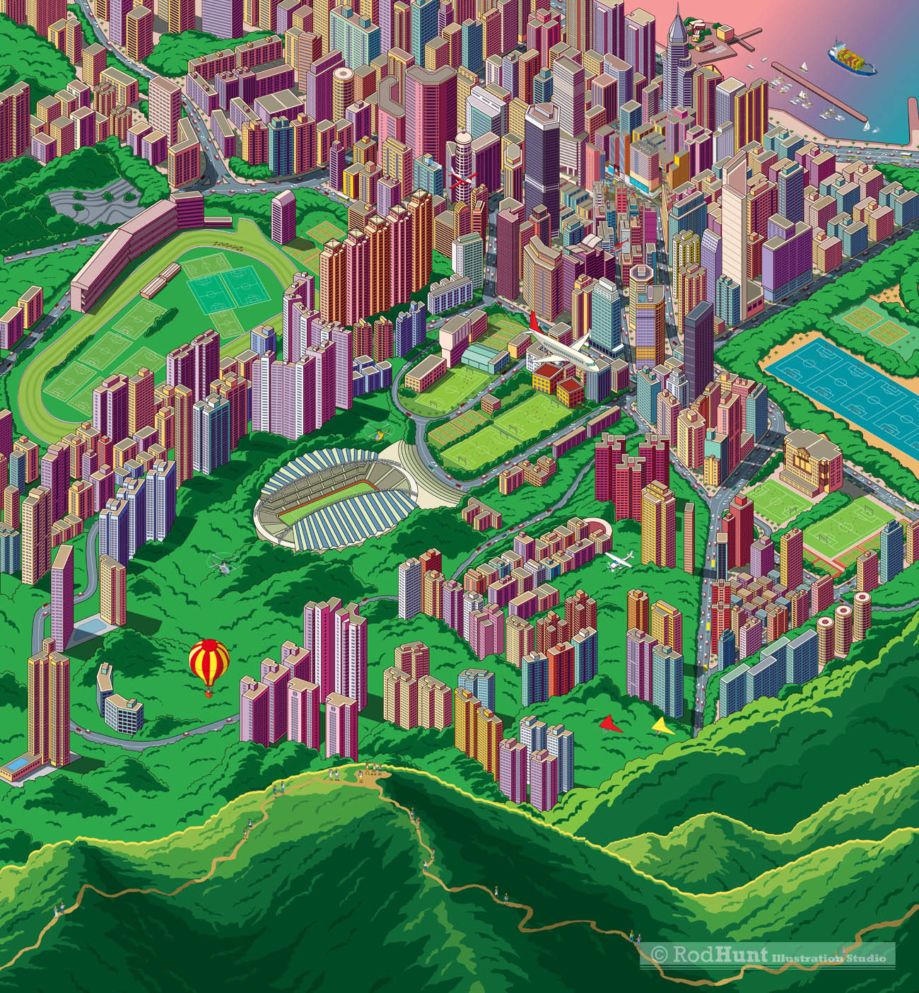 Illustrated flyover of Hong Kong and Causeway Bay in isometric Map Cityscape style - Cvision Bumper Animation - HD LED Video Screen Wall advertising illustration