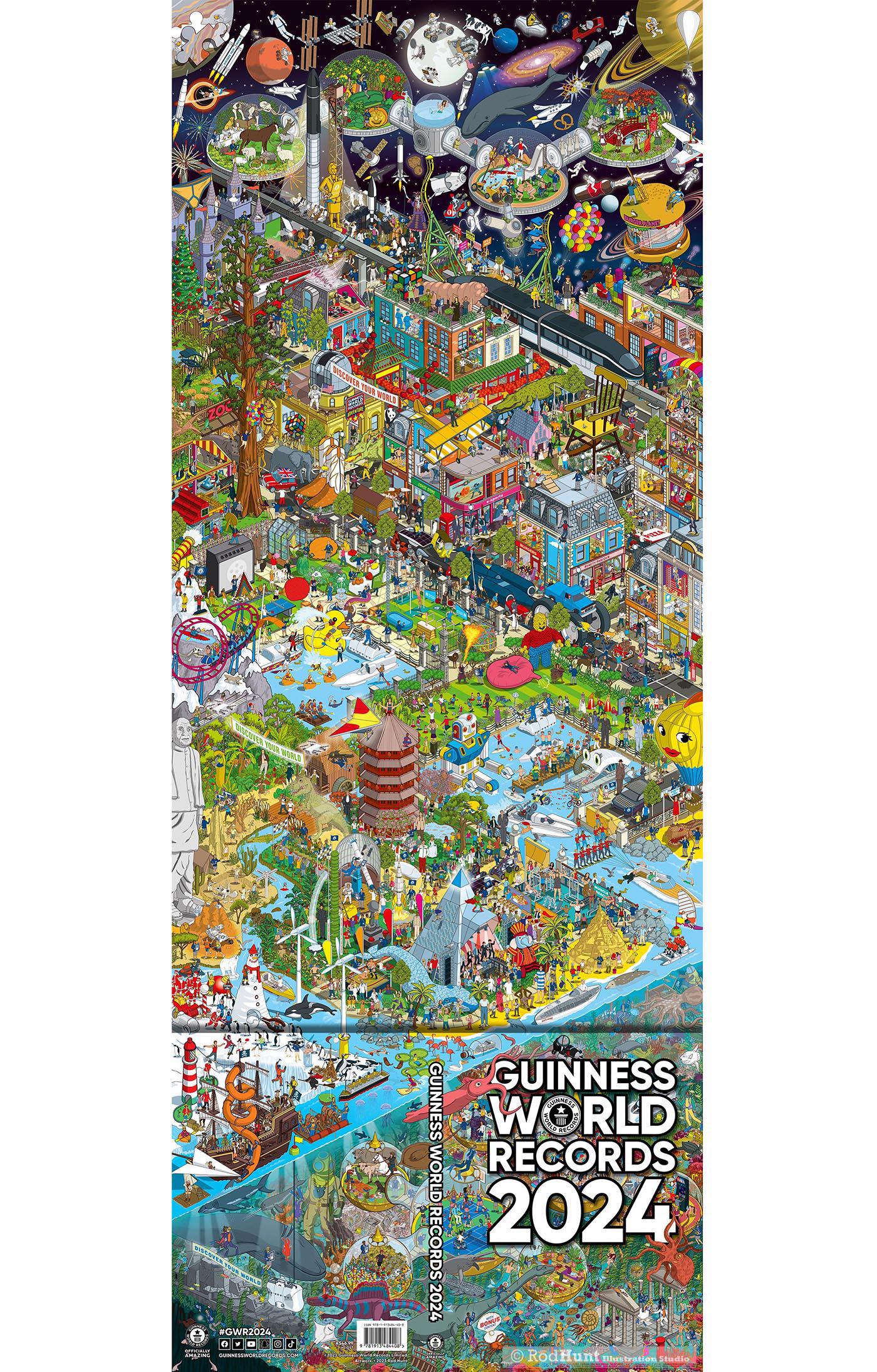 Huge Waldo Style Hidden Pictures search and find illustration for Guinness World Records illustrating the covers of the 2021, 202, 2023 and 2024 editions. All four covers combine into one huge hidden object world of records activity puzzle illustration!