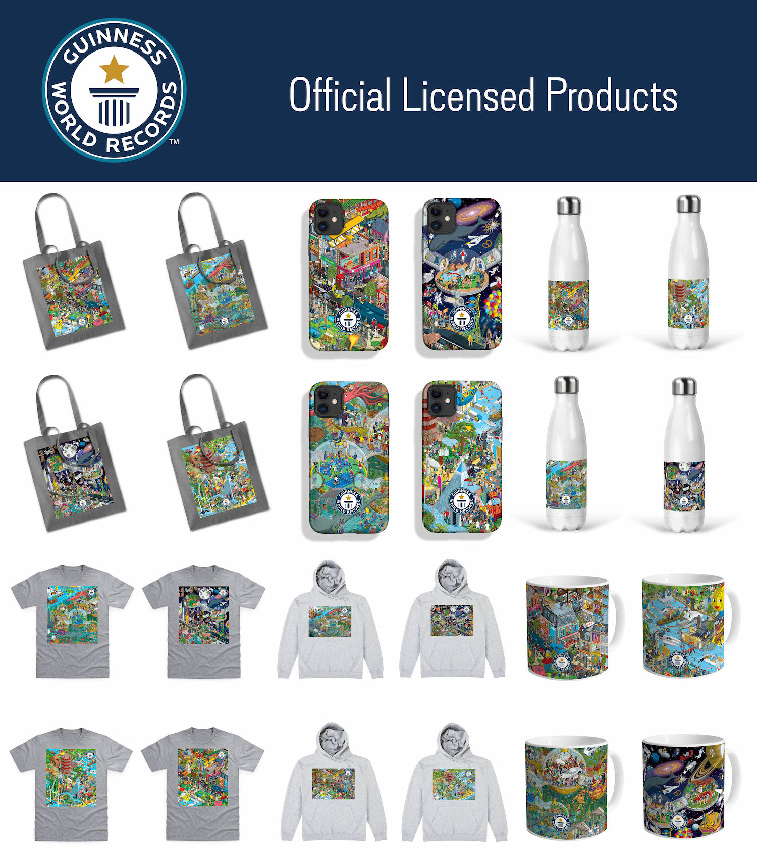 Guinness World Records Official Licensed Products - Illustrated merchandise for t-shits, hoodies, iPhone cases, tote bags, water bottles and mugs.