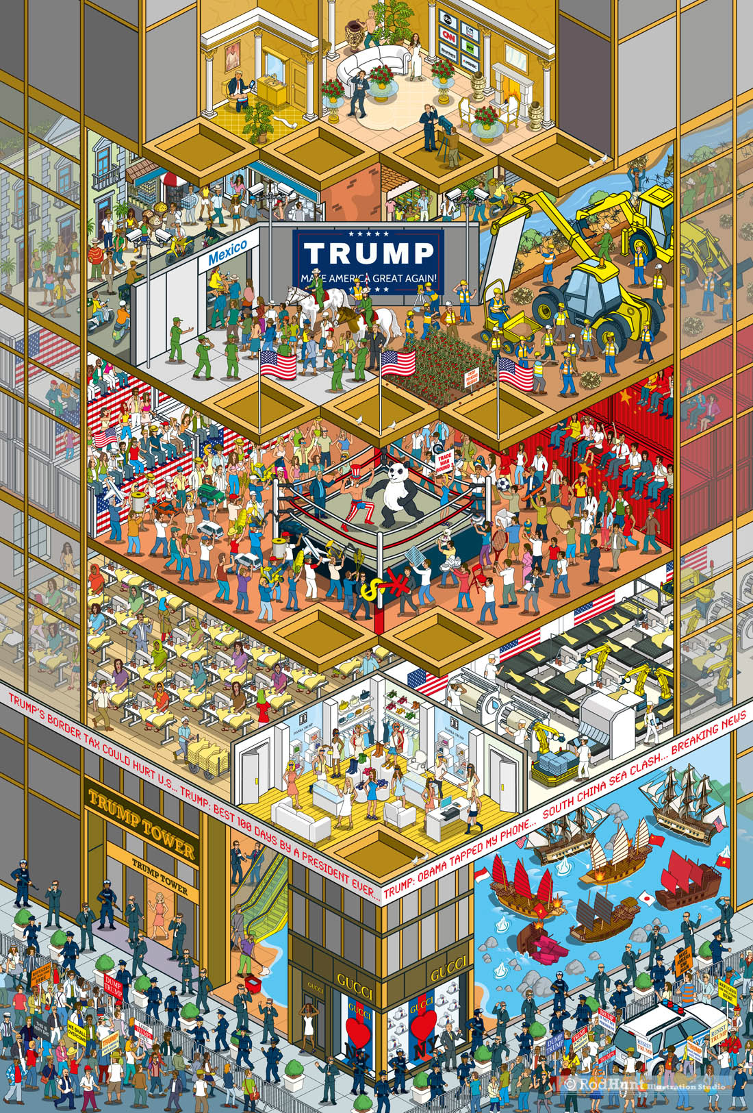Where's Donald Trump? Where's Waldo / Wally style search and find Satirical political illustration of Trump Tower in New York on Doing Business in Trump's America, an isometric cutaway building editorial illustration for the Business of Fashion magazine