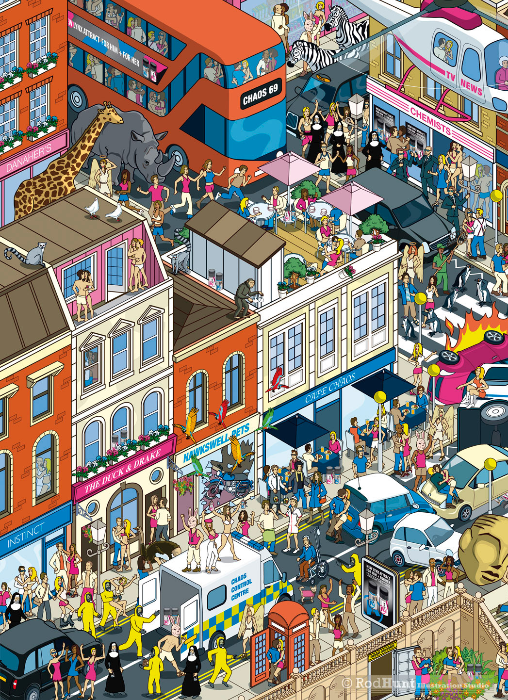 Unleash the Chaos! Detailed isometric cityscape illustration for Lynx deodorant advertising campaign on social media