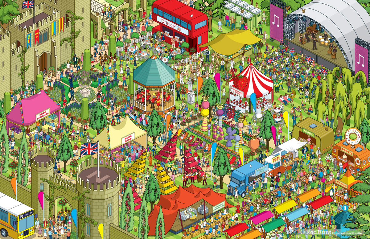 Detailed Pixel Art illustrations - Arts Festival in castle grounds and gardens Map and Illustration