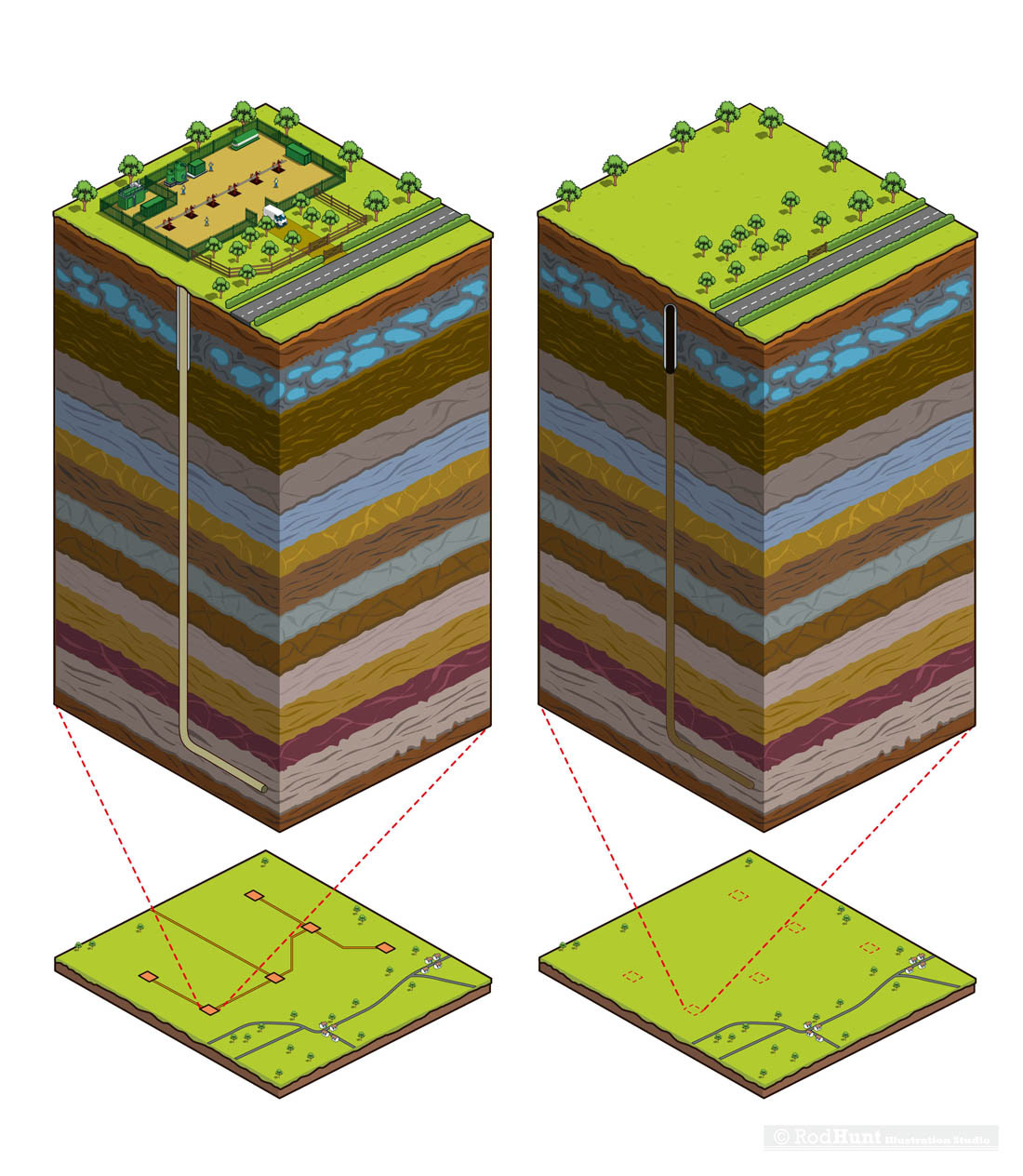 Infographic Illustrations of a gas well  - Isometric Diagram illustration by Rod Hunt