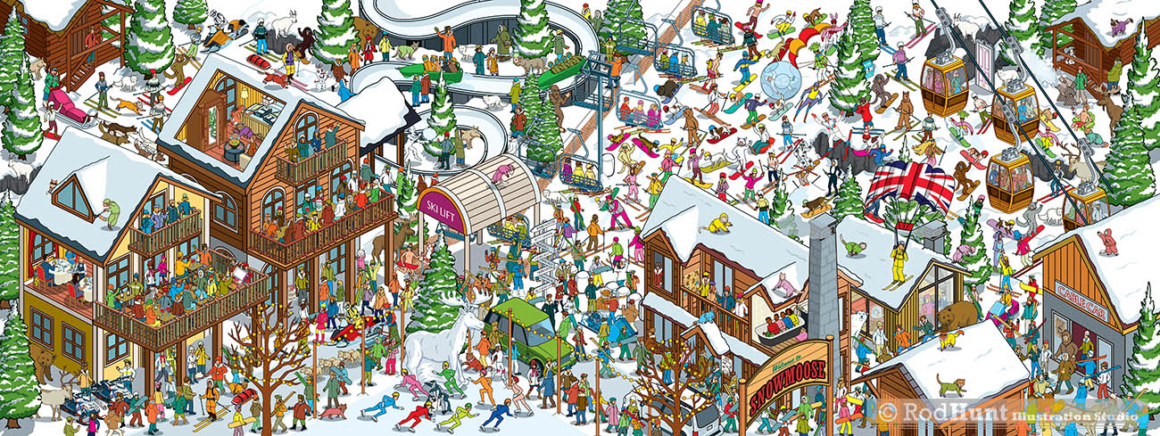 Where's your dog / cat? Wild Ride to... Seek and Find crowd puzzle picture books - ski Resort