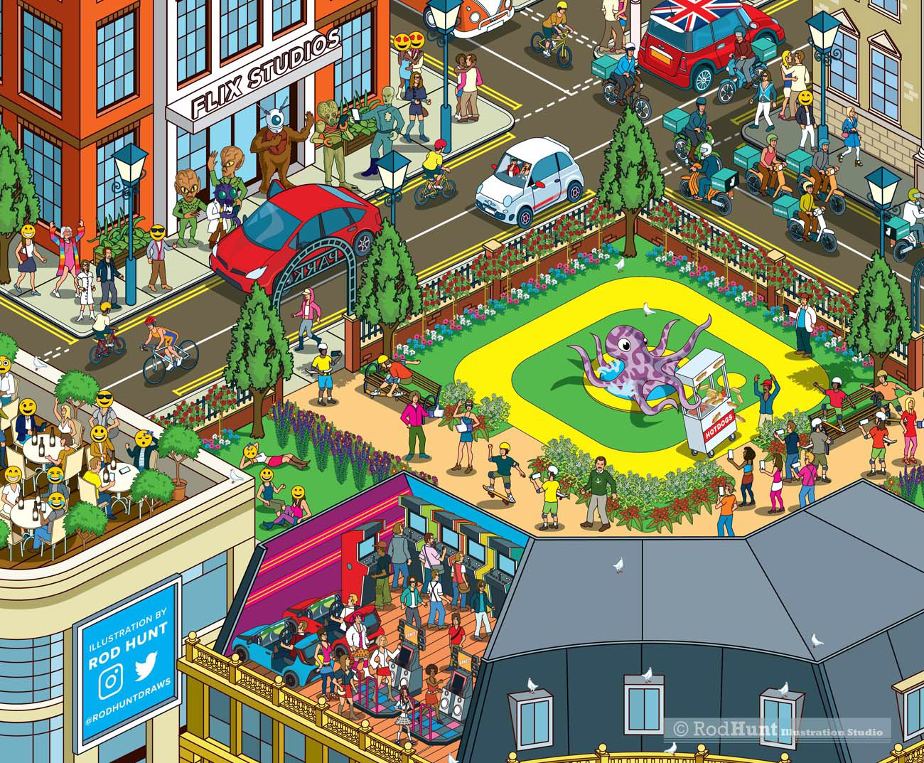 Detailed Wimmelbild City Mural Illustration 