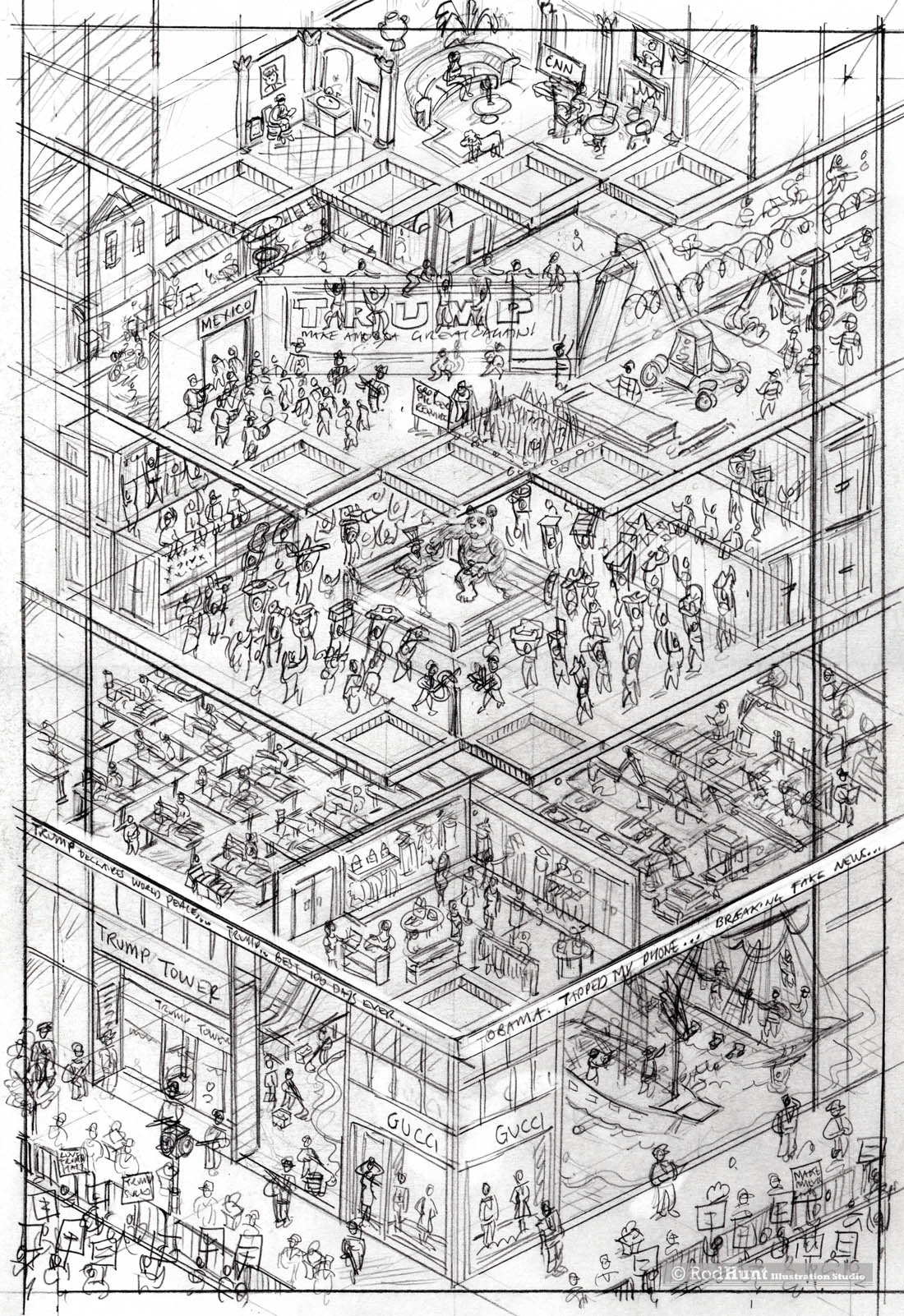 Original concept pencil sketch for an editorial illustration