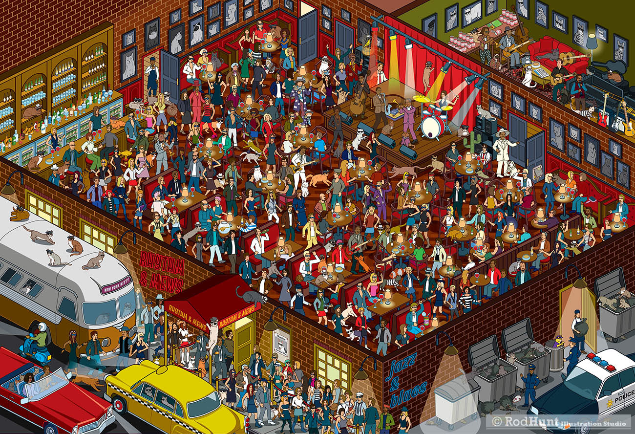 Yappy.com Where's Your Cat/Dog? Adventures in Meowtown: Personalised search and find hidden object puzzle book cool blues jazz bar music venue gig illustration