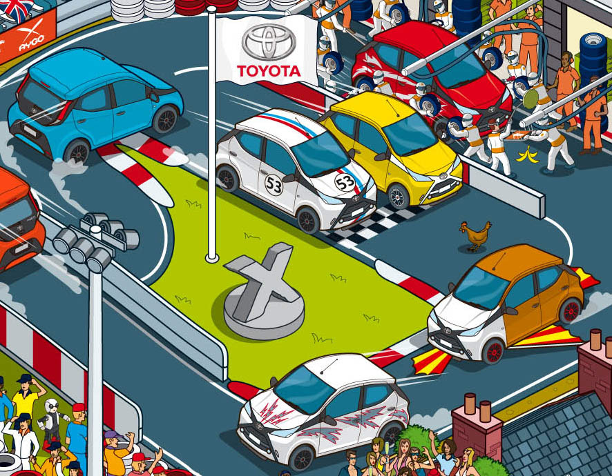 Cars illustrated for hidden picture Where's Waldo style Advertising campaign