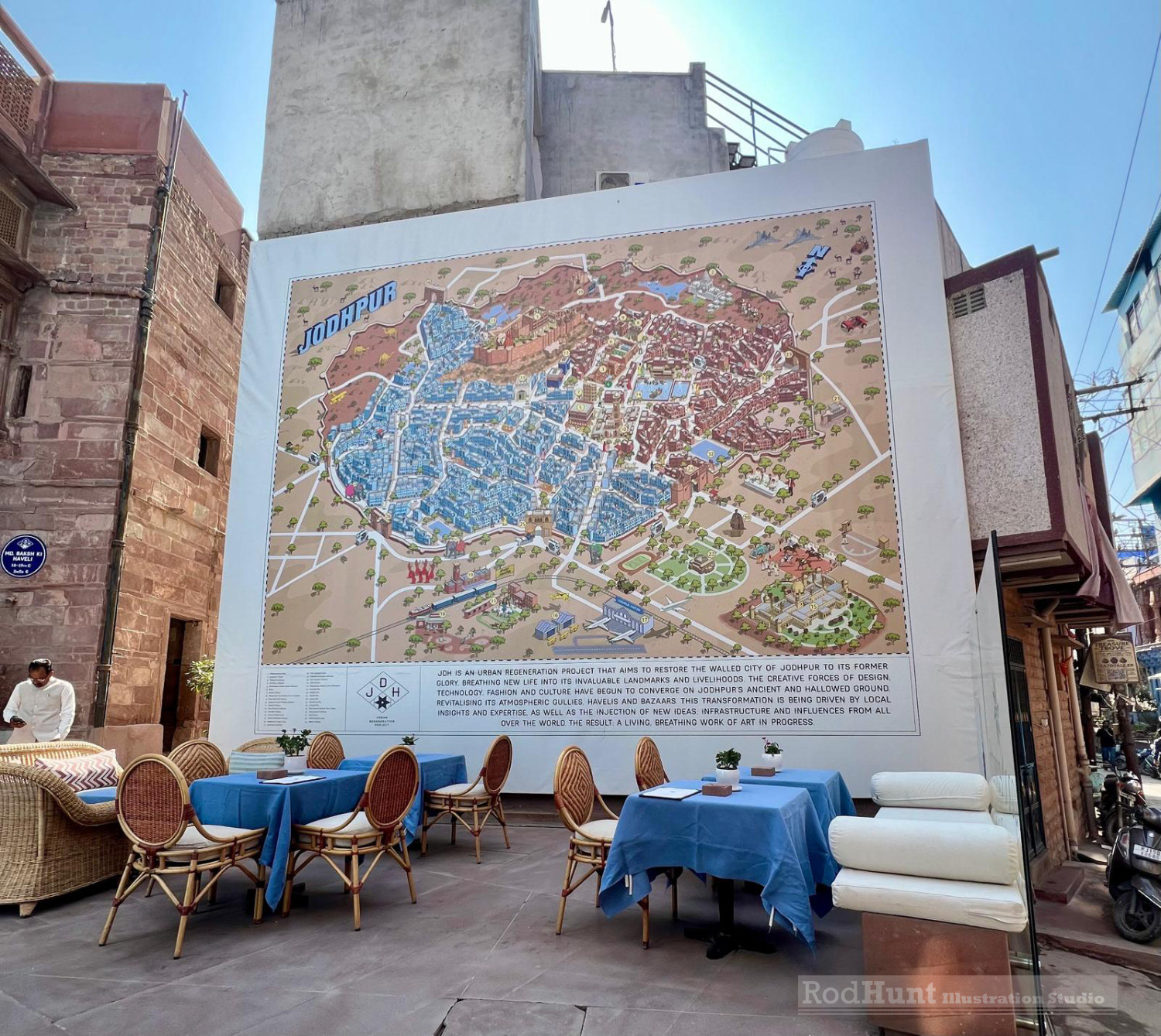 Illustrated Jodhpur City Map site-specific public realm Large Mural illustration in Stepwell Square, Jodhpur India