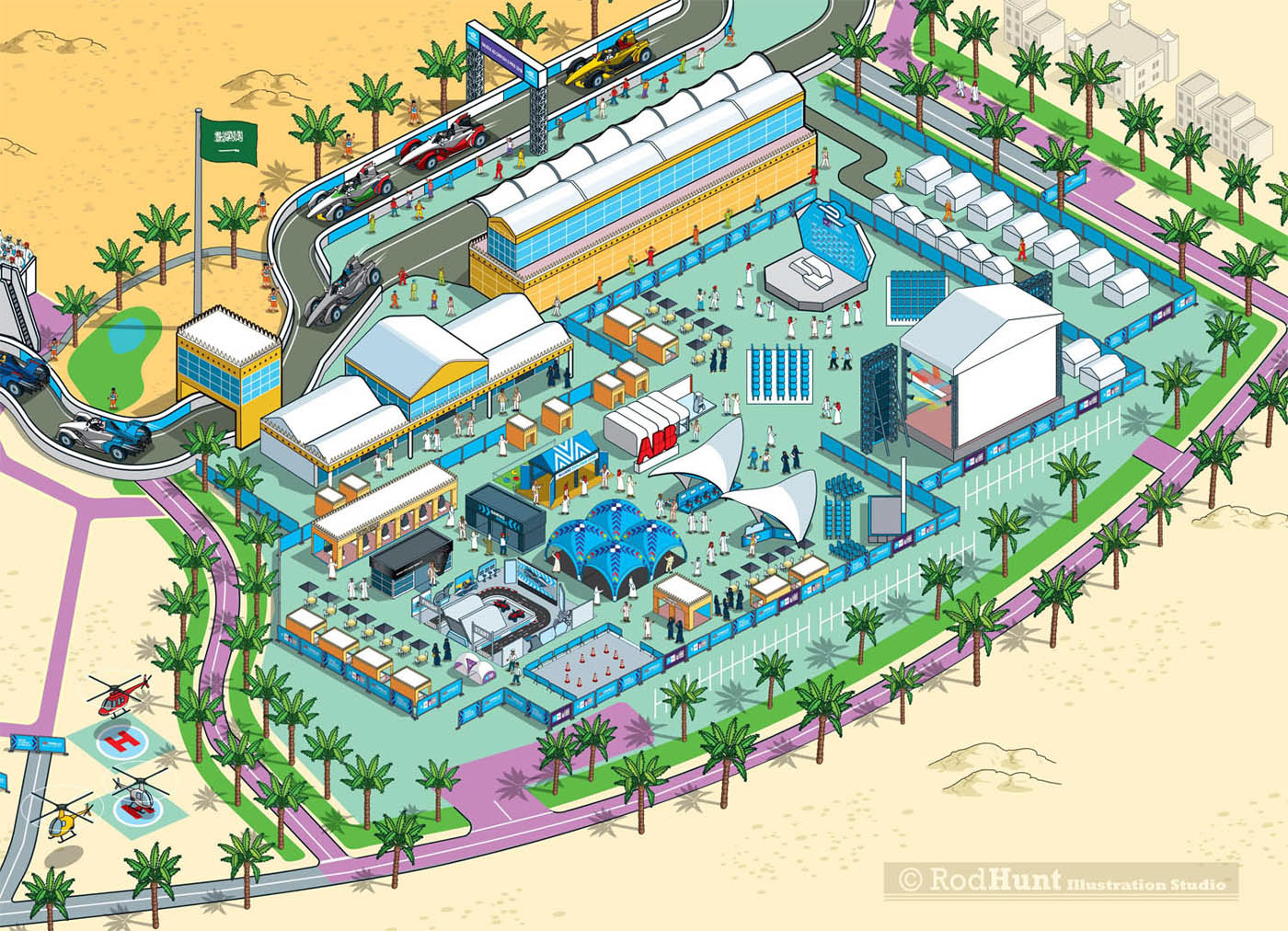 Isometric Sport Event Festival Map Illustrations Formula E Motor Racing circuit visitors guide