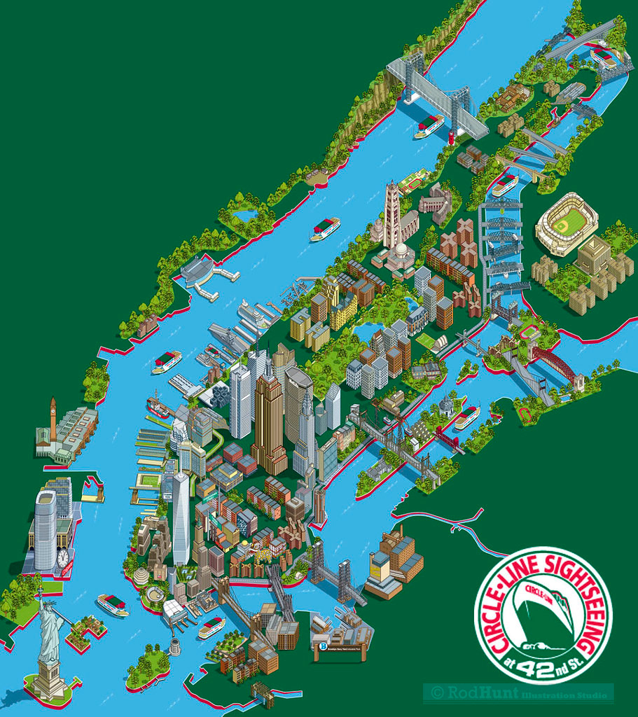 Illustrated New York City Map in isometric perspective for NYC tourist guide marketing, advertising and promotion