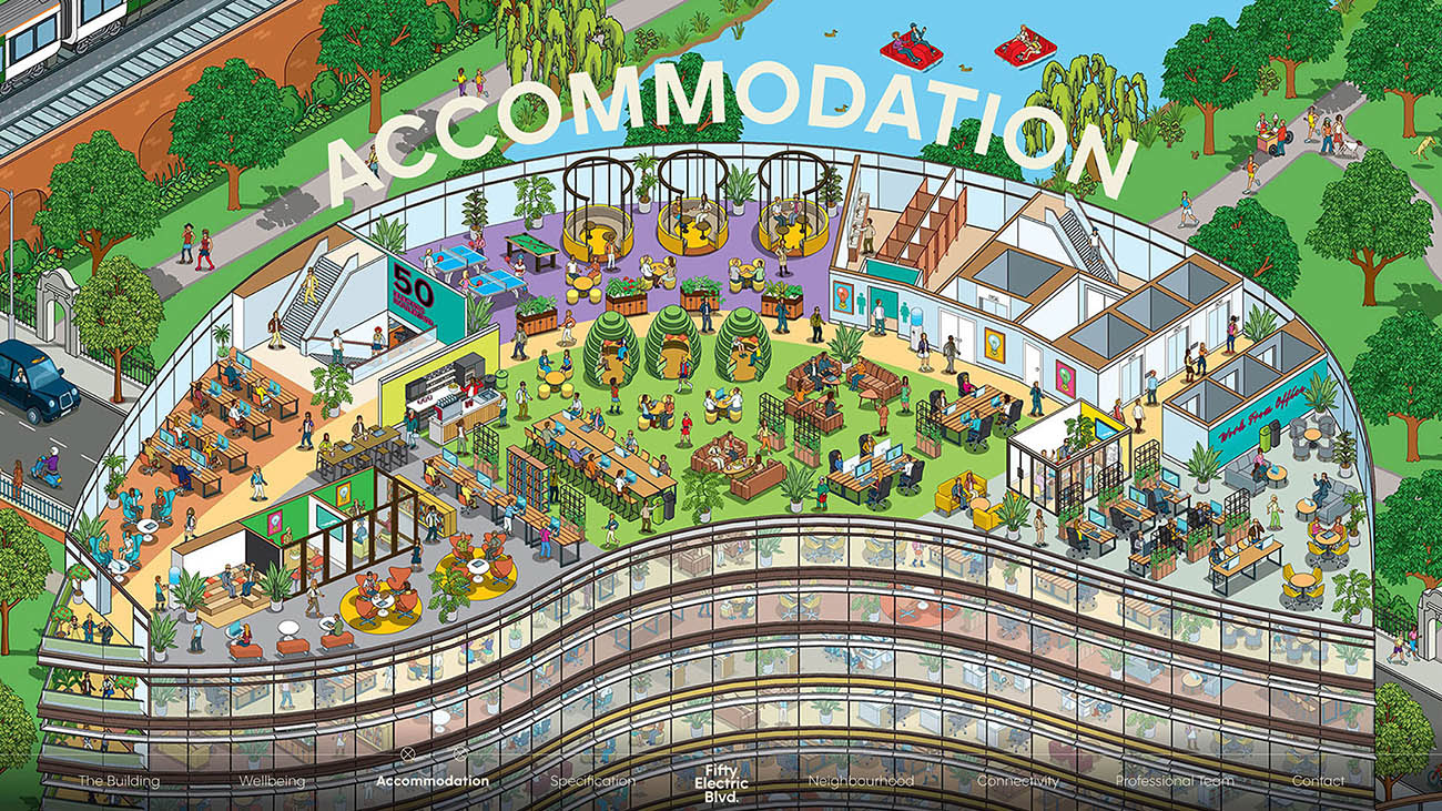Architectural Interior Illustration of the Accommodation at 50 Electric Boulevard Battersea, illustrated office building cutaways and cross section