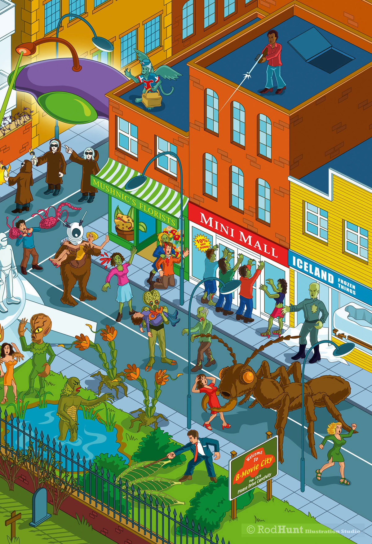 Illustrated Puzzle Poster containing 21 classic sci-fi, horror & fantasy movies