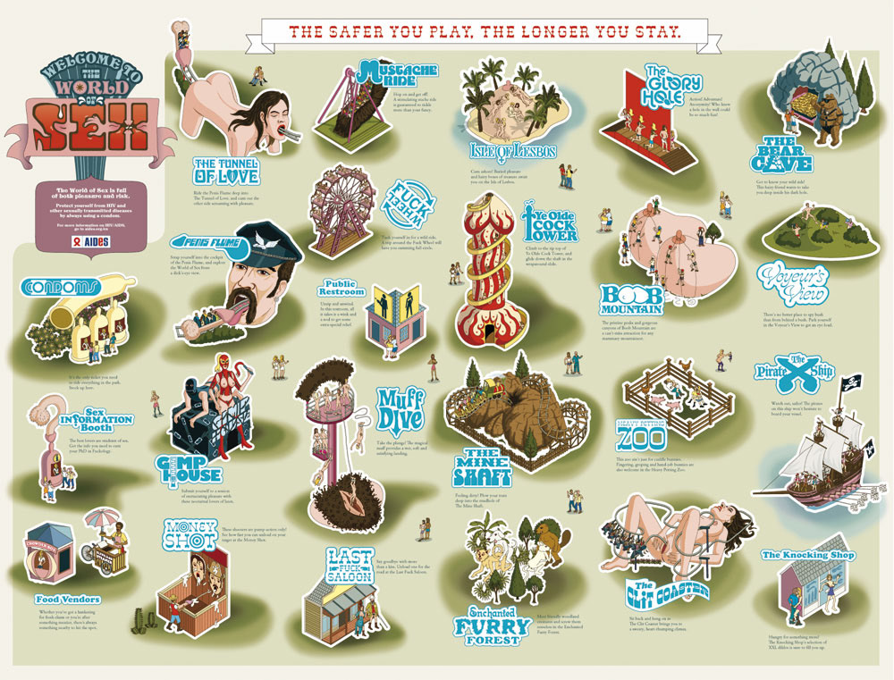 HIV/AIDS awareness advertising campaign illustrated in the style of a theme park map