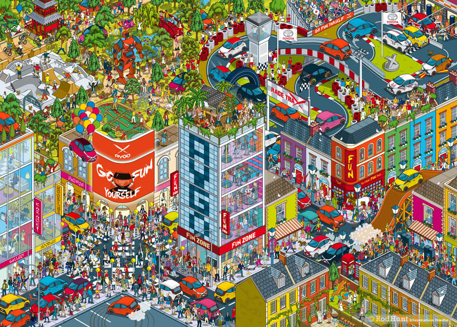 Automotive Car Brand Advertising Campaign Illustration Toyota Aygo car - Isometric cityscape illustrator for automotive ad campaigns