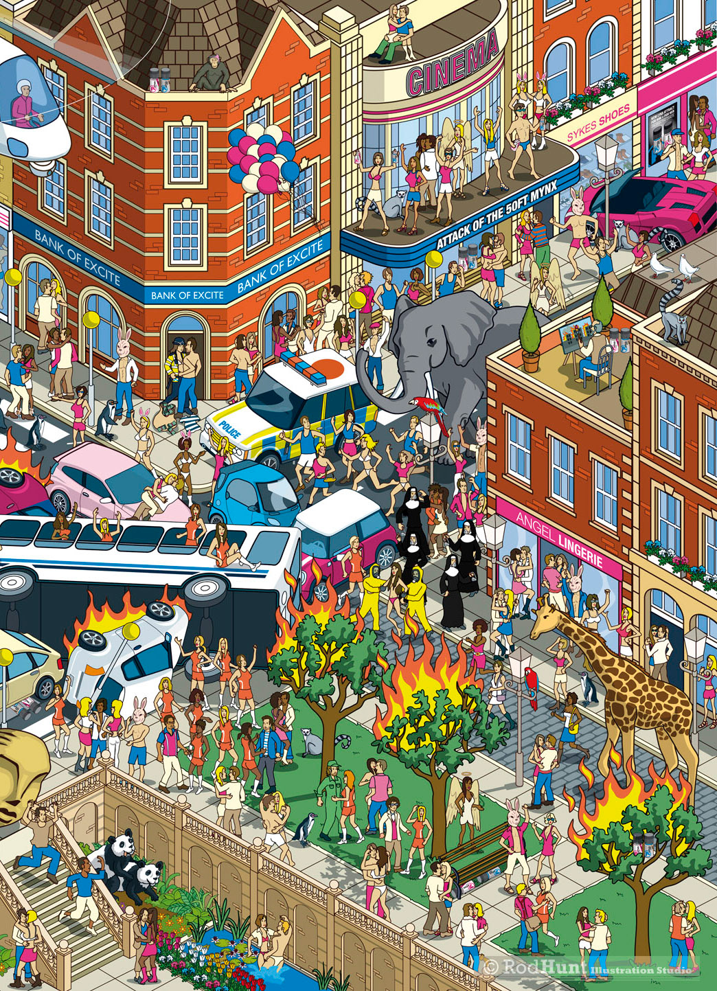 Isometric cityscape illustration for Lynx Deodorant Advertising campaign by Rod Hunt