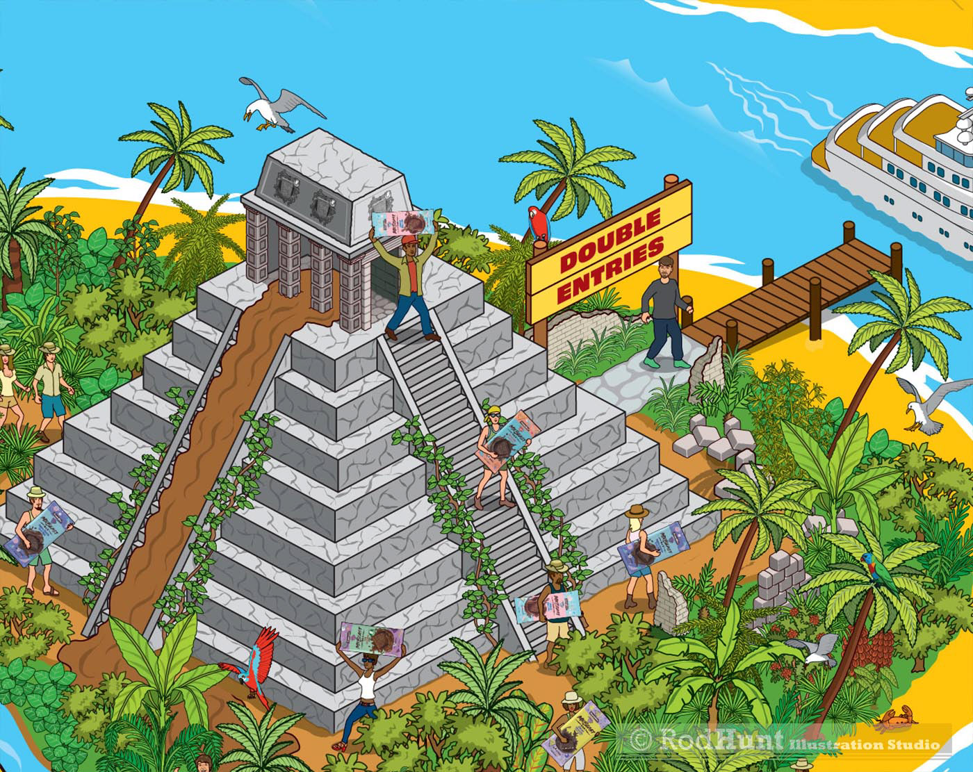 Pictorial map illustrators - Mr Beast Feastables Island temple of Chocolate illustration