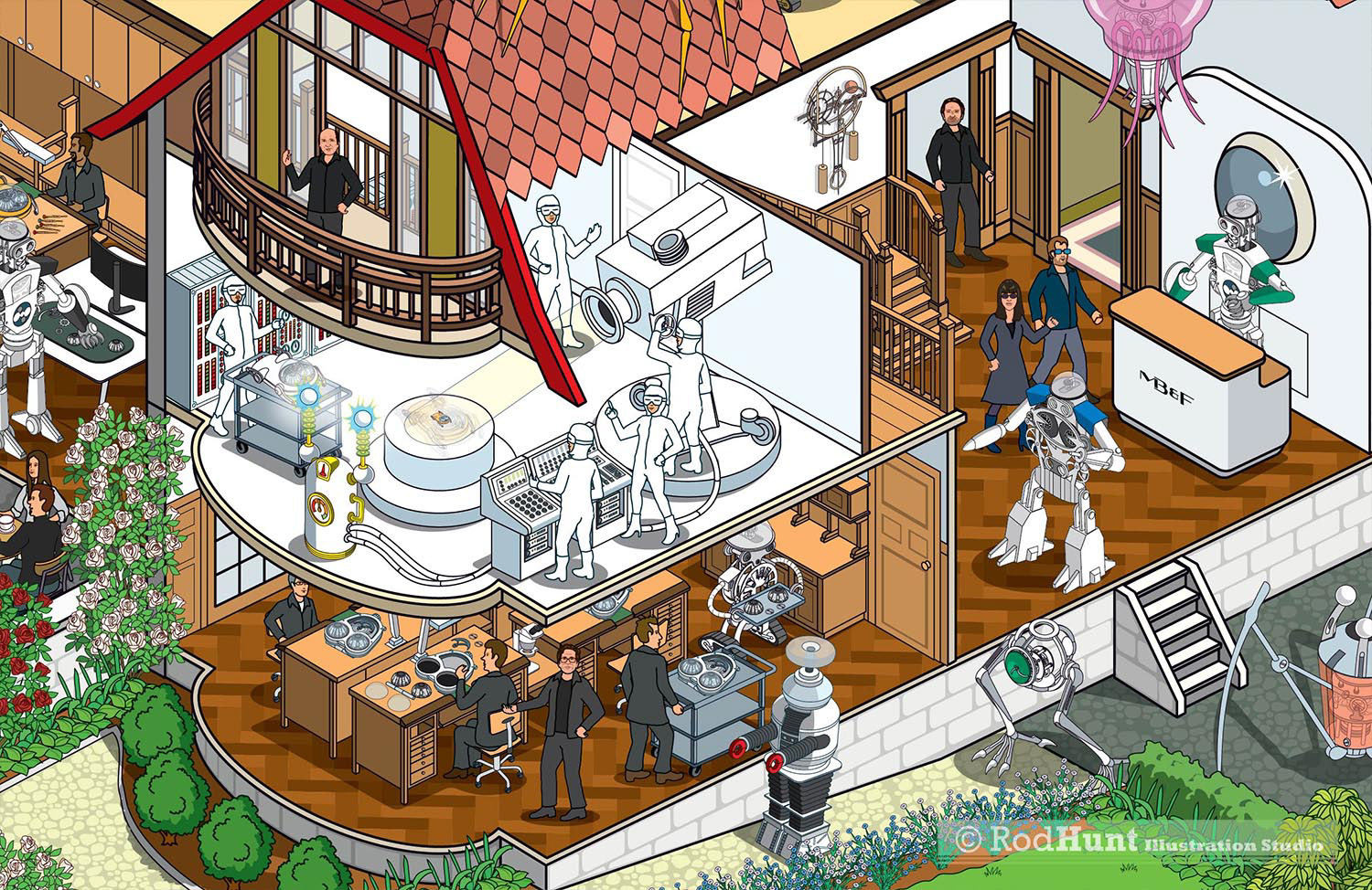 Illustrated Cross section of watchmaker MF&B's headquarters Science Fiction inspired watchmaker Search and Find illustration by Rod Hunt