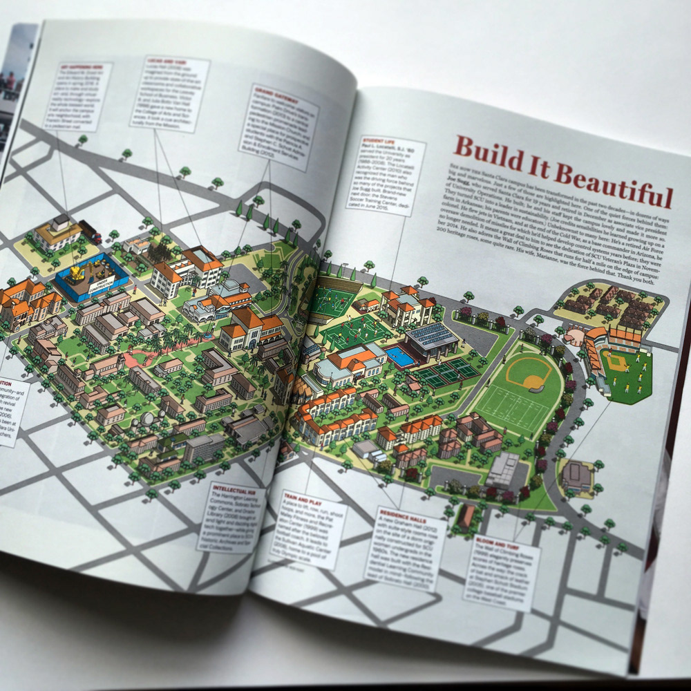 Santa Clara University illustrated campus map in print by Rod Hunt