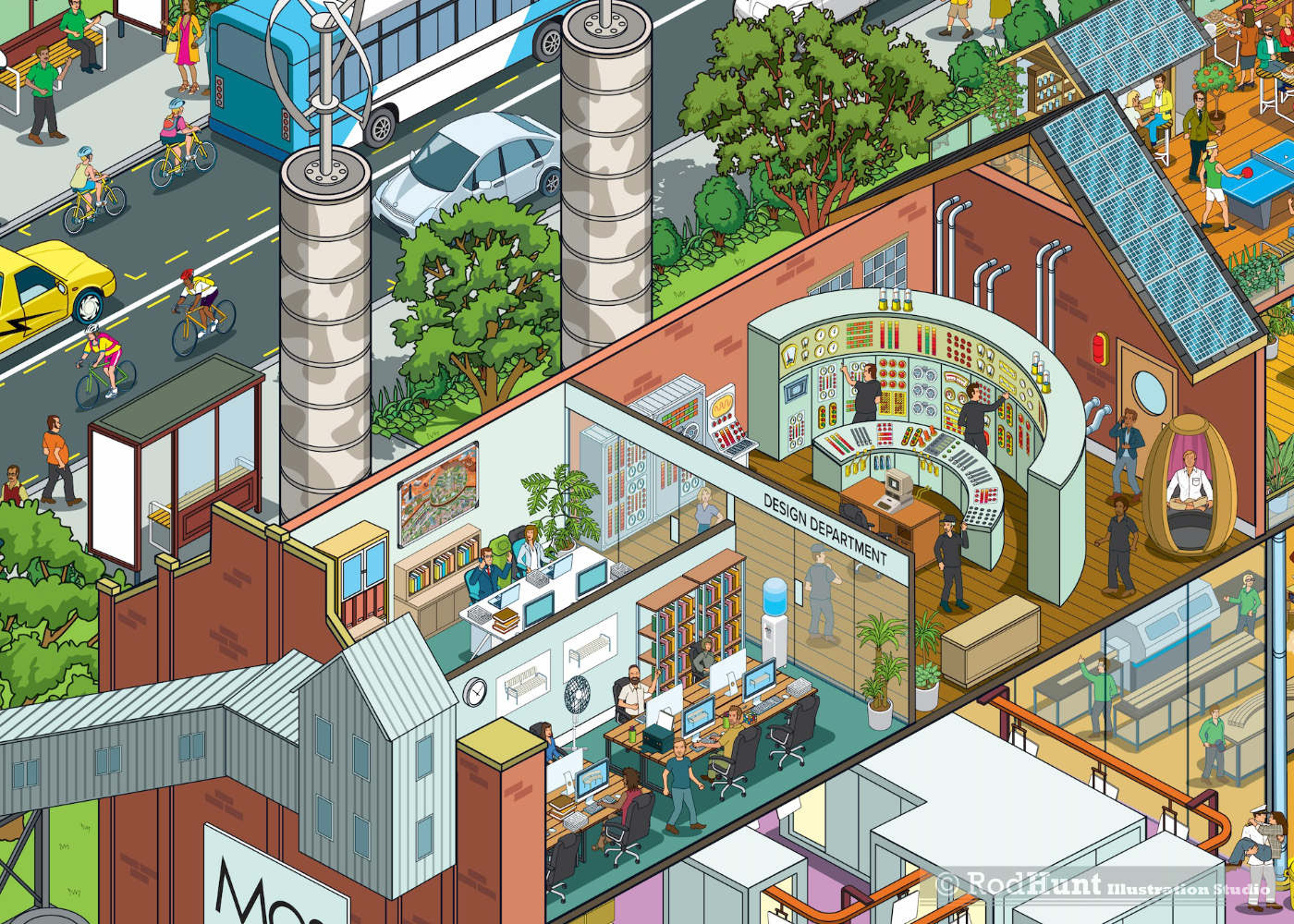 Where's Waldo / Wally style cutaway illustration of a factory