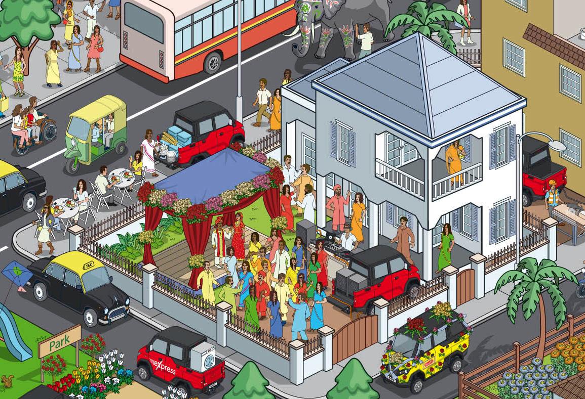 Detailed isometric Illustrations for an Ad campaign showing a city and landscape in India