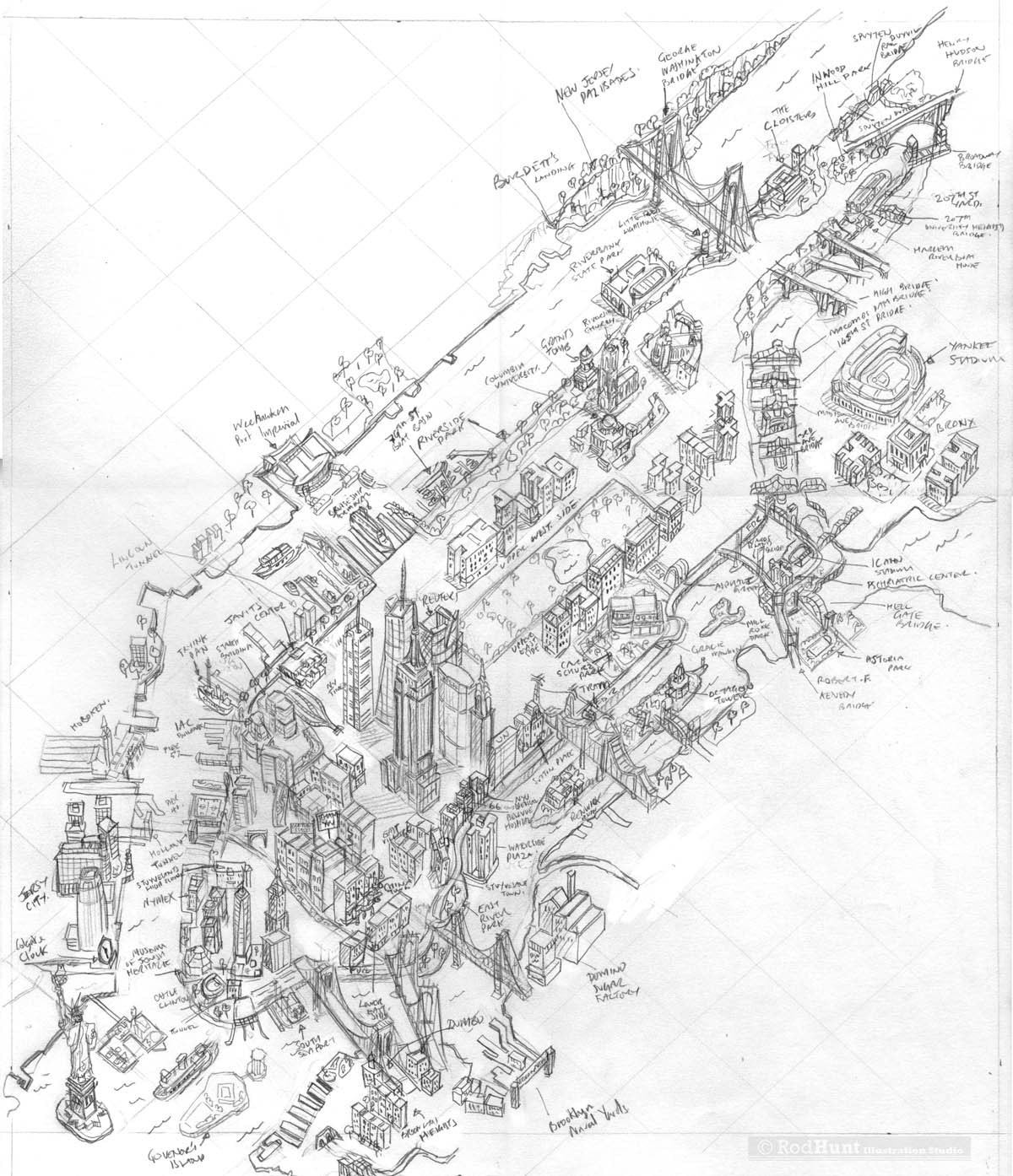 Hand drawn illustrated city map of New York curated by Illustrated maps maker Rod Hunt
